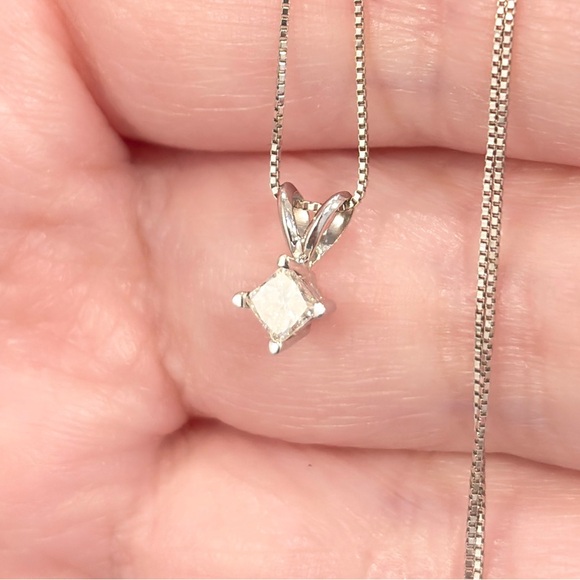 Vintage 14K White Gold Diamond Solitaire Necklace: Princess Cut Dainty Pendant - Picture 6 of 11